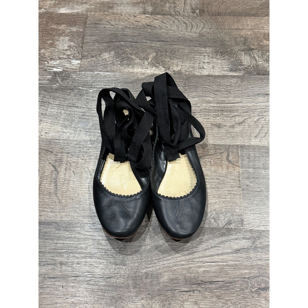 Via Spiga Black Leather Ballet Flats Ribbon Ankle Tie Scalloped Trim Womens 7.5M